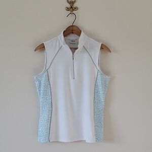 Chico's Zenergy Golf 1/4 Zip Sleeveless Polo White Light Blue Size Medium